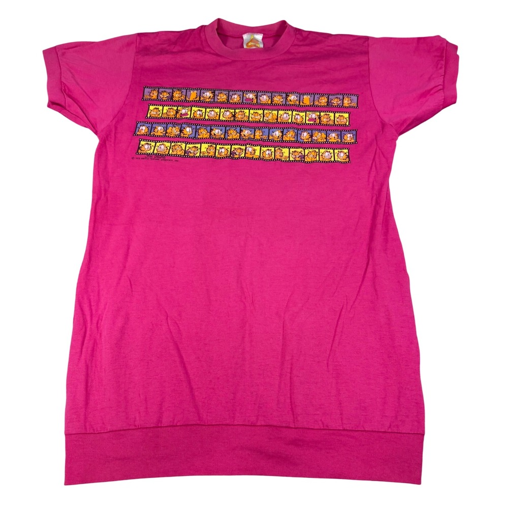 Vintage  Garfield Film Strip Graphic T-Shirt Dress Pink Made in USA Large 80s